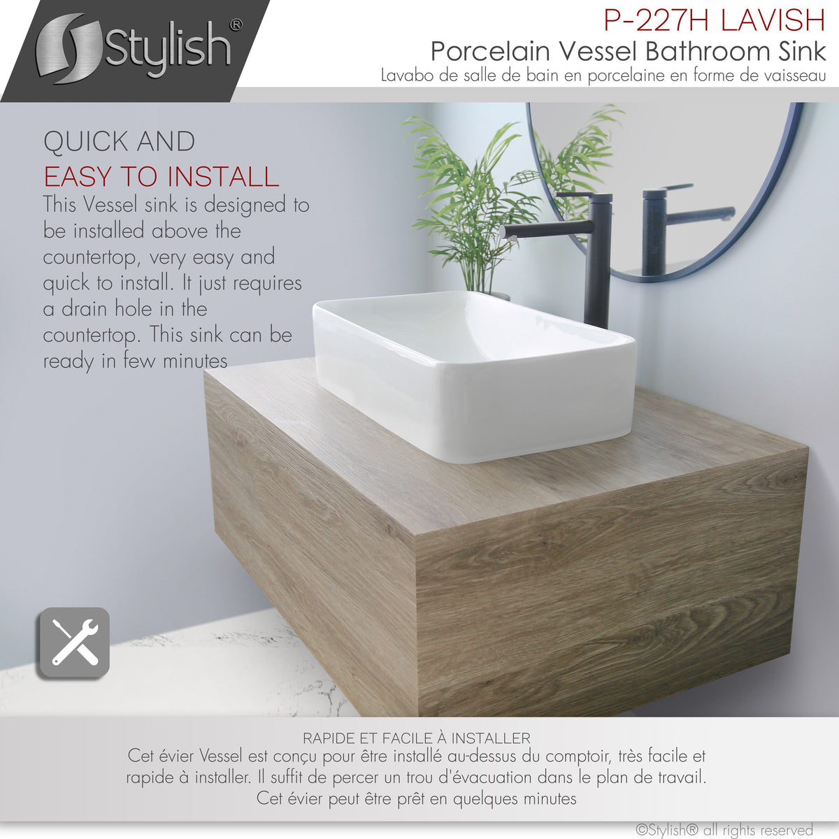 Stylish 19" White Rectangular Ceramic Vessel Bathroom Sink P-227H