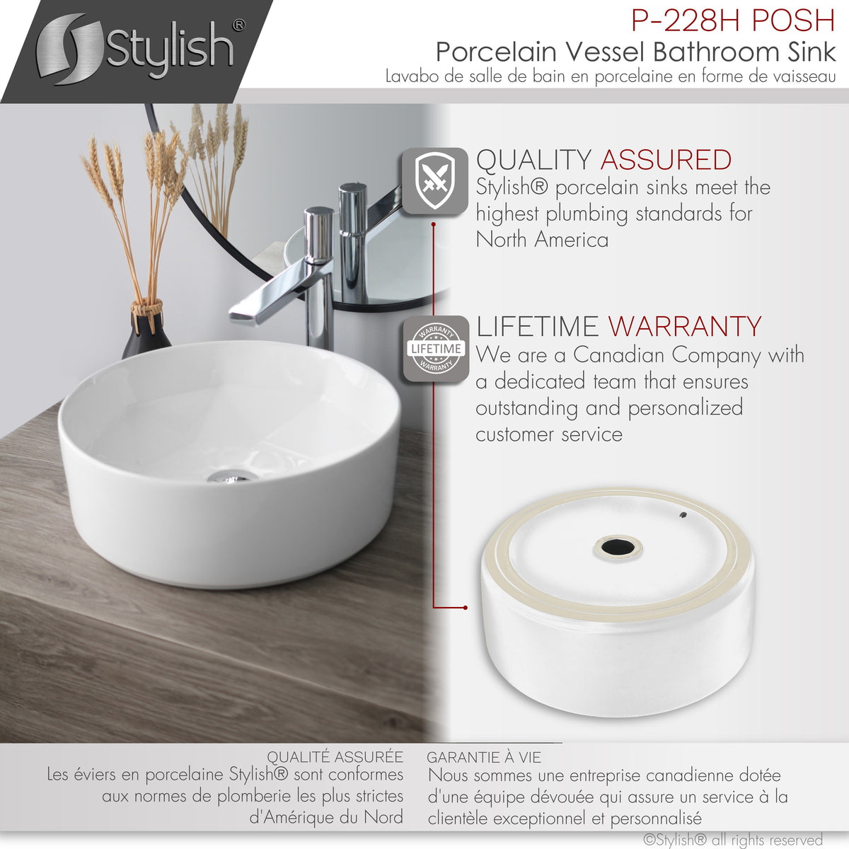 Stylish Posh 16" White Glossy Round Vessel Bathroom Sink P-228H