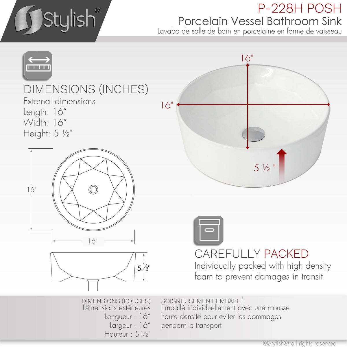 Stylish Posh 16" White Glossy Round Vessel Bathroom Sink P-228H