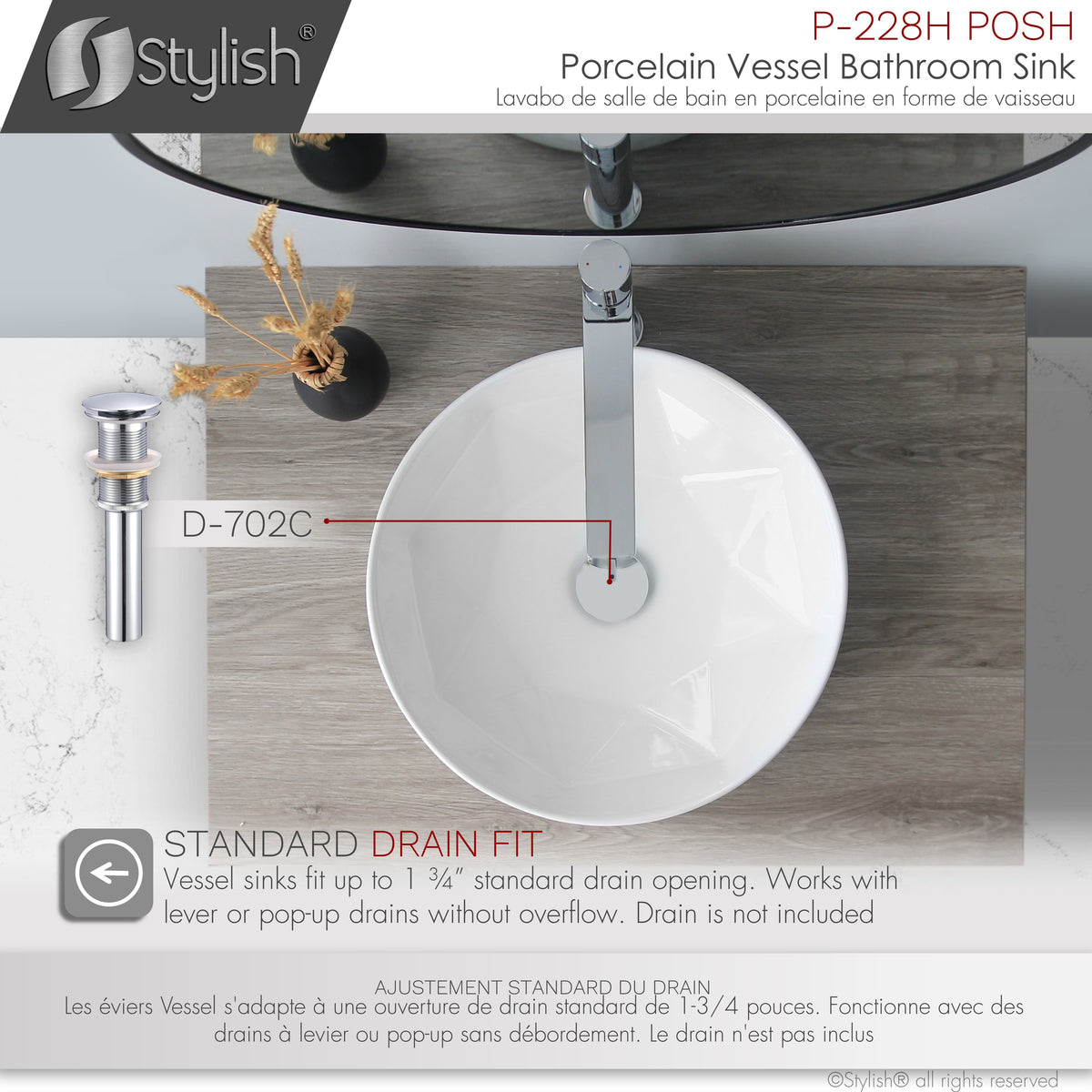 Stylish Posh 16" White Glossy Round Vessel Bathroom Sink P-228H
