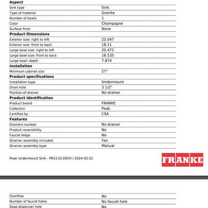 Franke Peak 22.06-in. x 18.21-in. Undermount Single Bowl Granite Kitchen Sink in Champagne Franke