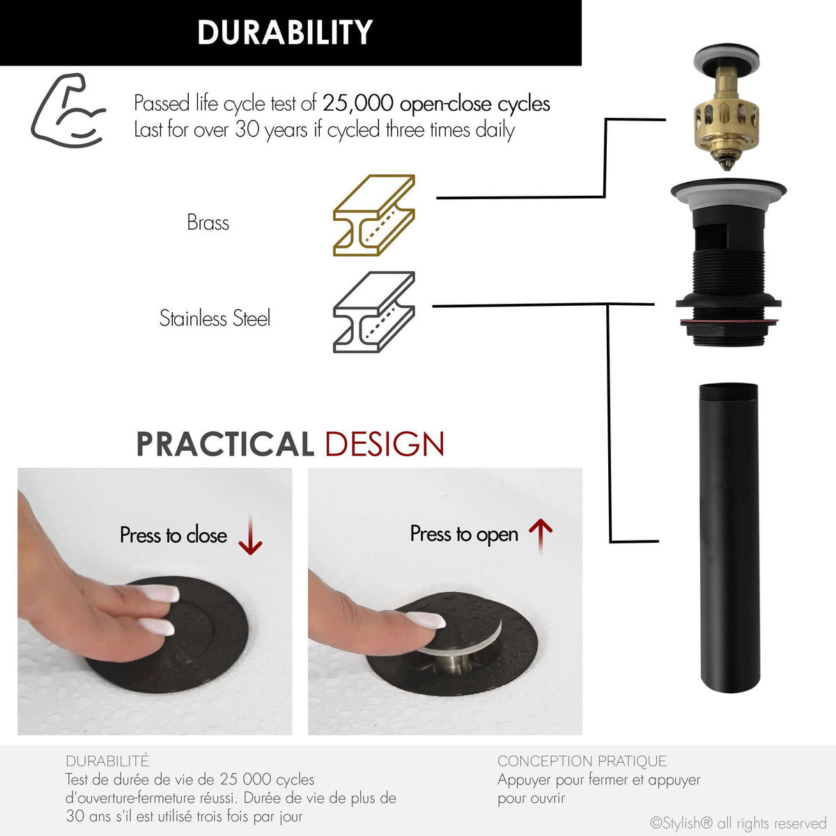 Stylish Pop-Up Bathroom Sink Drain with Overflow Matte Black D-700N