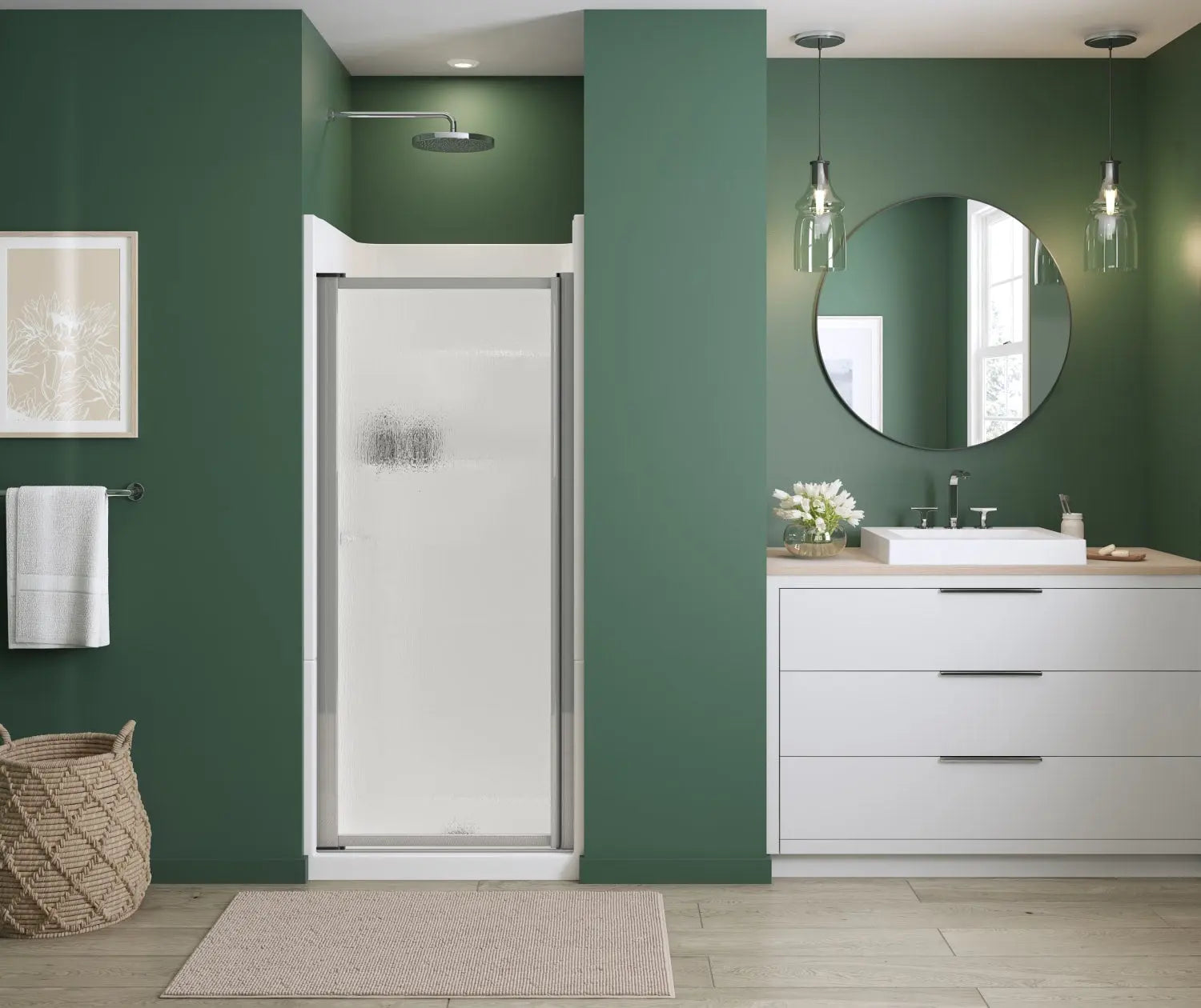 Polar Pivot 29-30 ¾ in. x 64 ½ in. Pivot Shower Door for Alcove Installation with Raindrop glass in Chrome - Plumbing Market