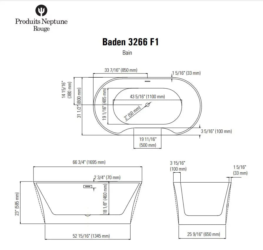 Produits Neptune Baden 3266 AFR Acrylic Freestanding Bathtub - Plumbing Market