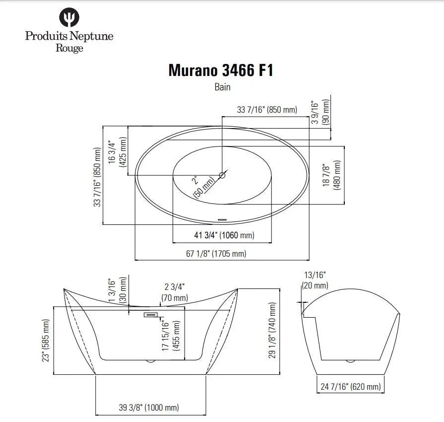 Produits Neptune Murano 3466 AFR Acrylic Freestanding Bathtub - Plumbing Market