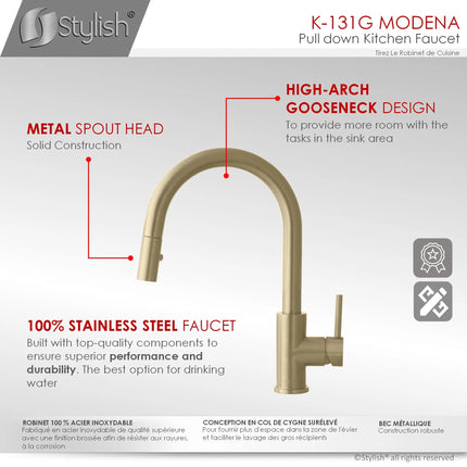 Pull Down Kitchen Faucet + Soap Dispenser - Brushed Gold Finish by Stylish® K131GS01G - Plumbing Market