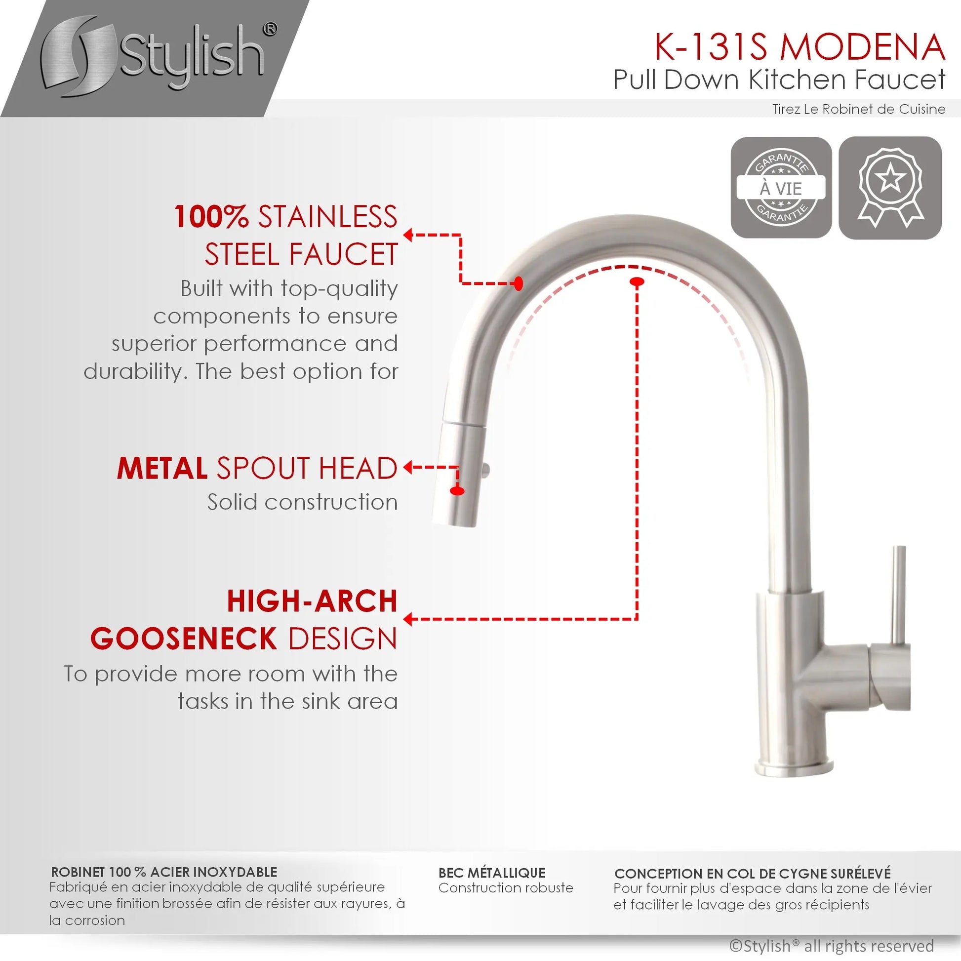 Pull Down Kitchen Faucet + Soap Dispenser - Brushed Stainless Steel Finish by Stylish® K131SS01S - Plumbing Market