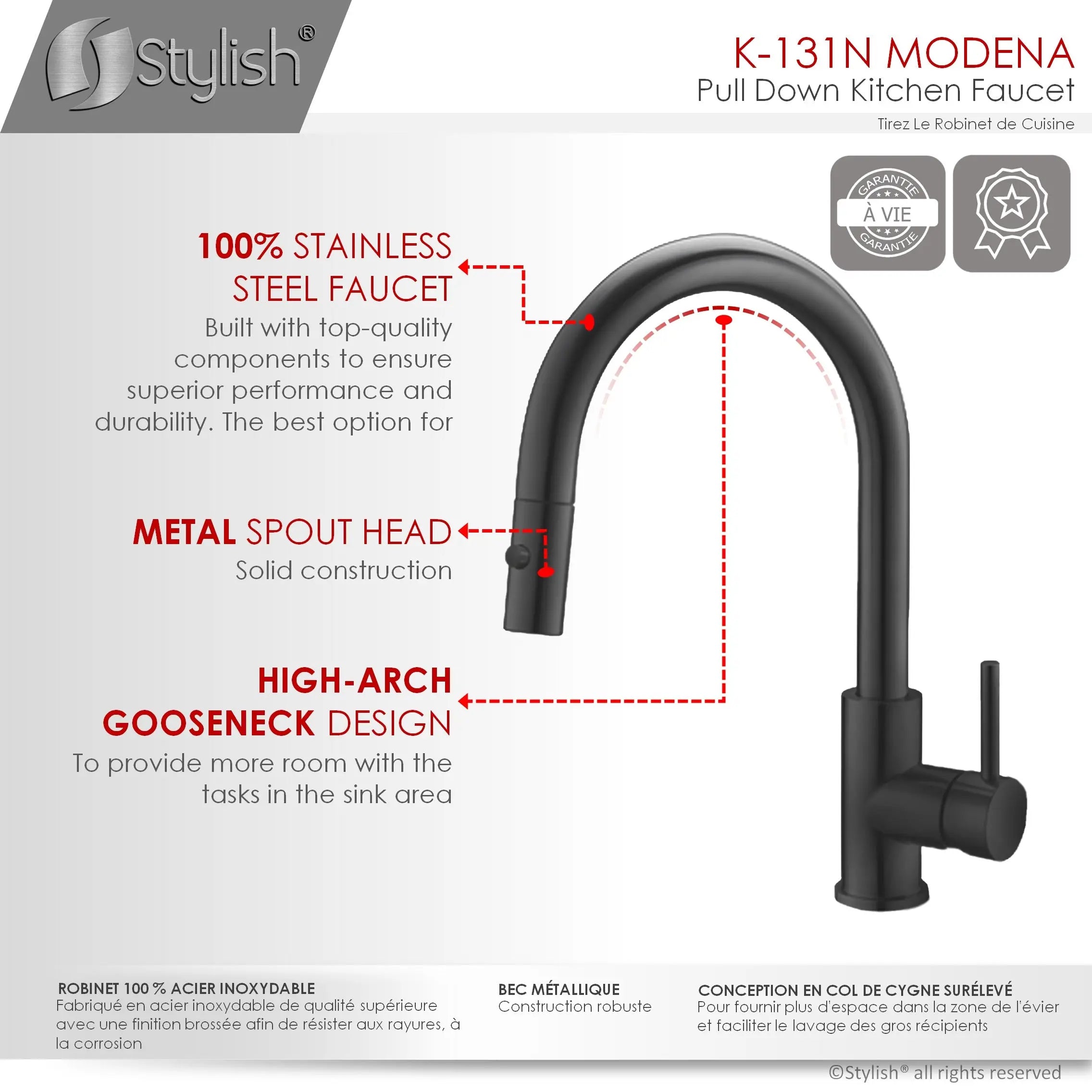 Pull Down Kitchen Faucet + Soap Dispenser - Matte Black Finish by Stylish® K131NS01N - Plumbing Market