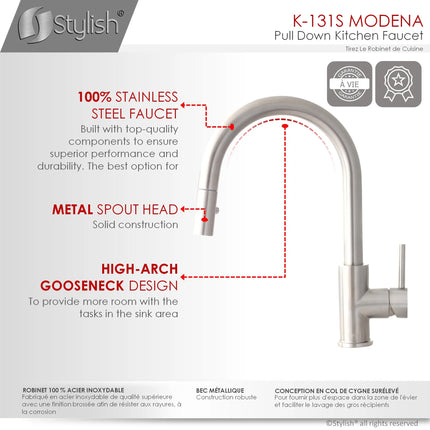Pull Down Kitchen Faucet + Water Tap - Brushed Stainless Steel Finish by Stylish® K131SK142S - Plumbing Market