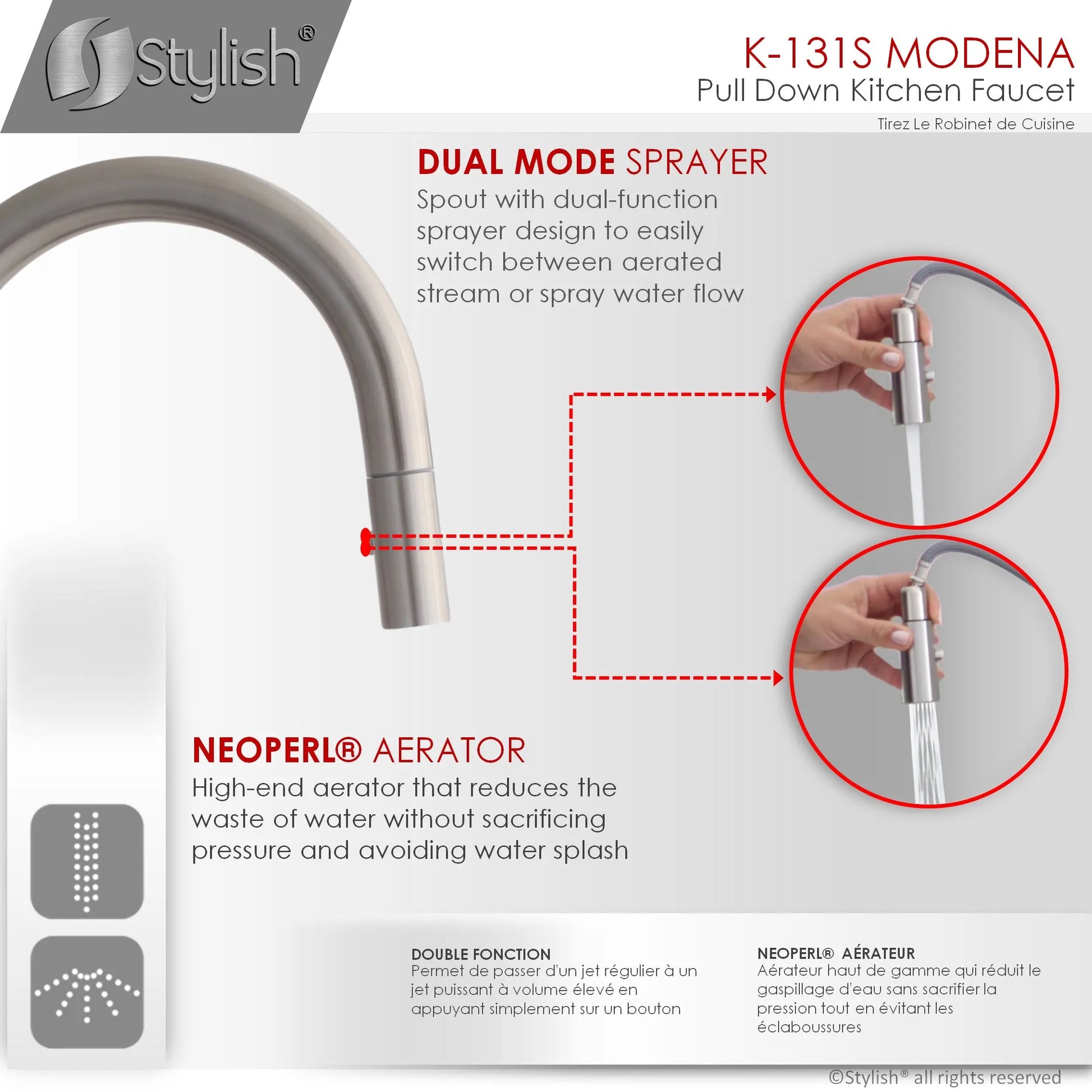 Pull Down Kitchen Faucet + Water Tap - Brushed Stainless Steel Finish by Stylish® K131SK142S - Plumbing Market