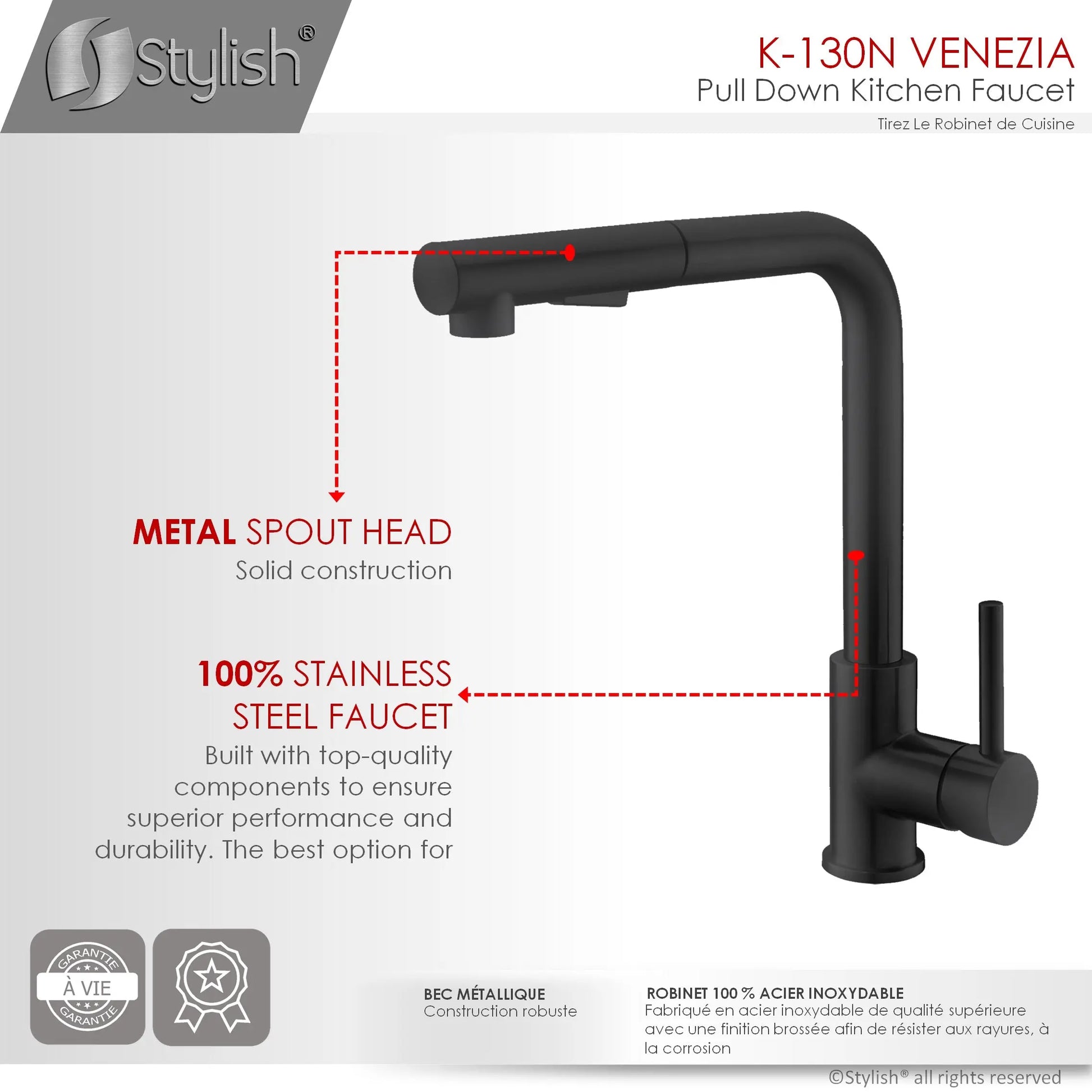 Pull Down Kitchen Faucet + Water Tap - Matte Black Finish by Stylish® K130NK147N - Plumbing Market