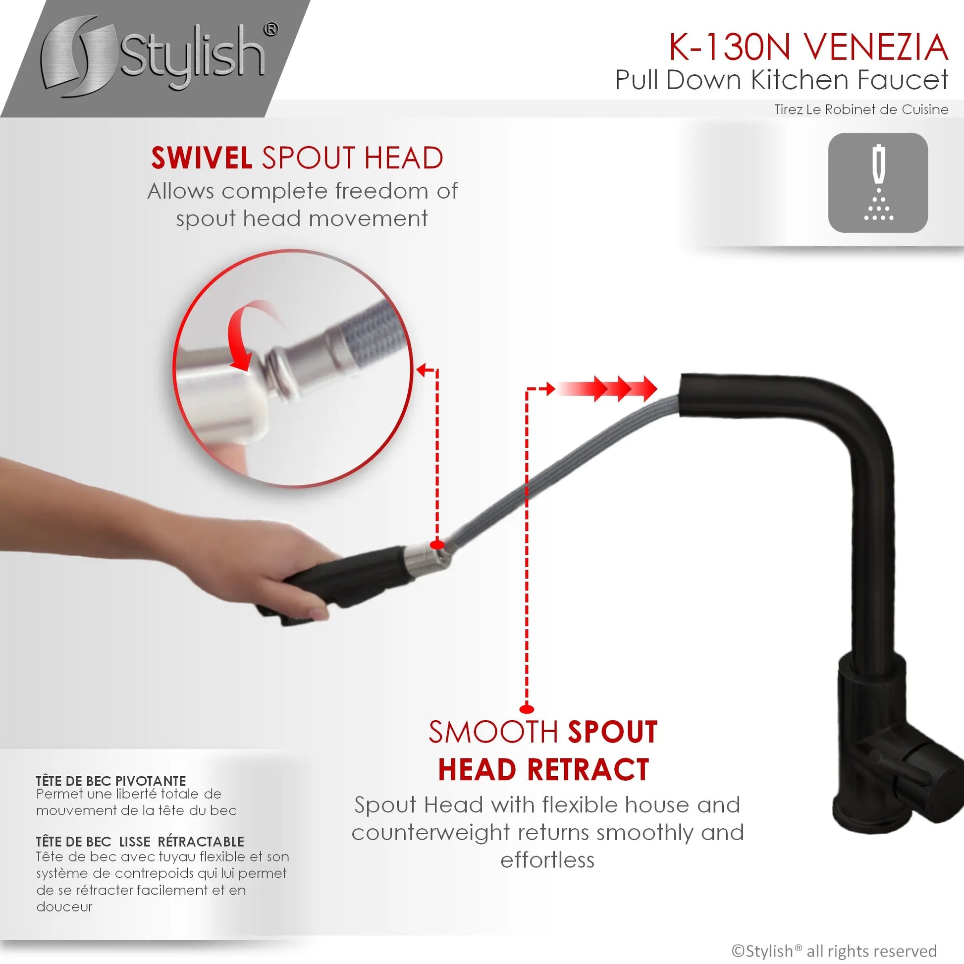 Pull Down Kitchen Faucet + Water Tap - Matte Black Finish by Stylish® K130NK147N - Plumbing Market