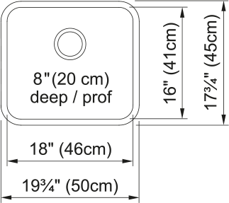 Kindred Steel Queen 19.75" x 17.75" undermount single bowl stainless steel kitchen sink QSUA1820-8 dimension drawing