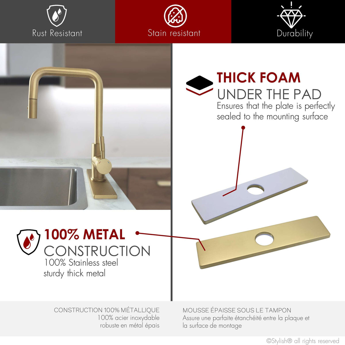 Stylish 10" Kitchen Deck Plate Brushed Gold Square Shape A-803G