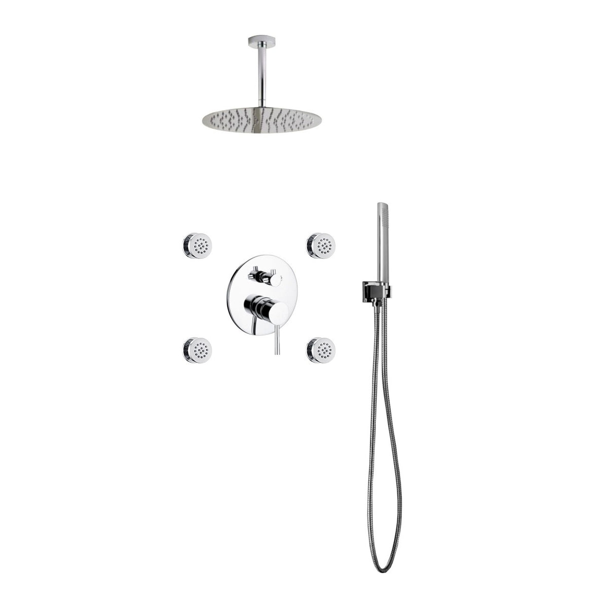 Kube Bath Aqua Rondo Shower Set with 12" Ceiling Mount Square Rain Shower, 4 Body Jets and Handheld - Chrome (RCR124JHH3V)