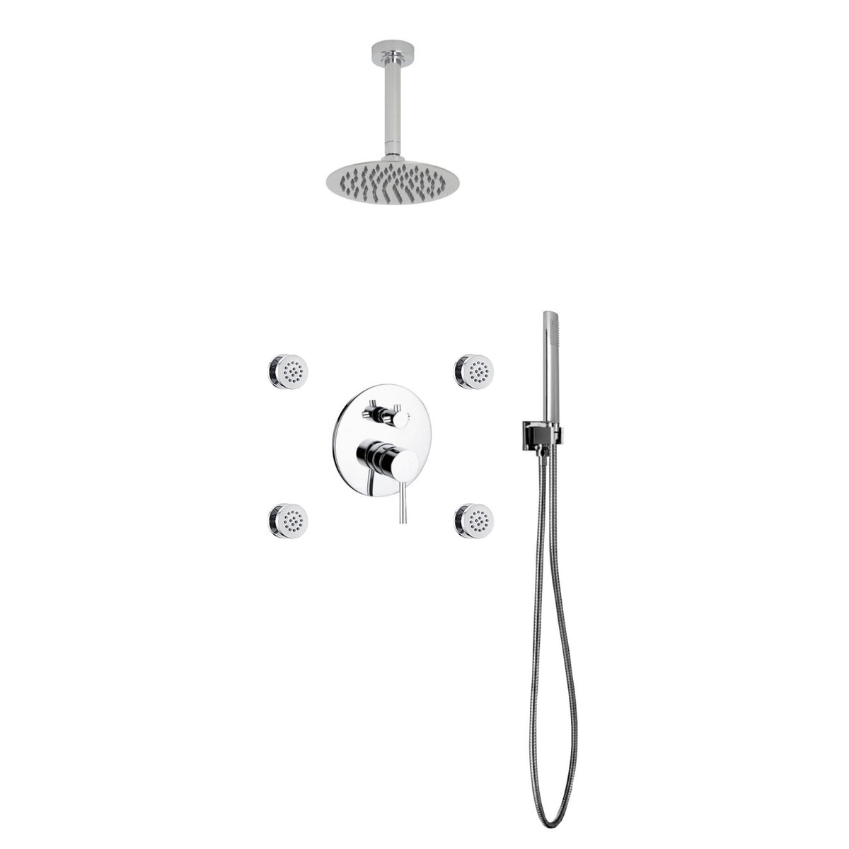 Kube Bath Aqua Rondo Shower Set with 8" Ceiling Mount Square Rain Shower, Handheld and 4 Body Jets - Chrome (RCR84JHH3V)