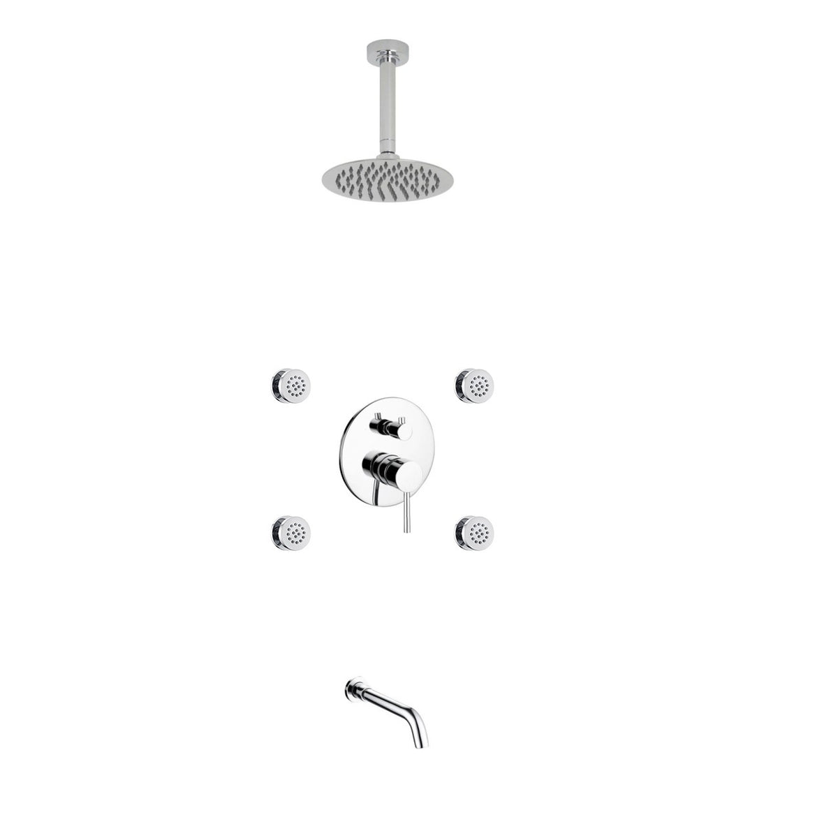 Kube Bath Aqua Rondo Shower Set with 8" Ceiling Mount Square Rain Shower, Tub Filler and 4 Body Jets - Chrome (RCR84JTF3V)
