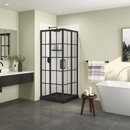 Radia Square 32 x 32 x 71 ½ in. 6 mm Sliding Shower Door for Corner Installation with French Glass in Matte Black - Plumbing Market