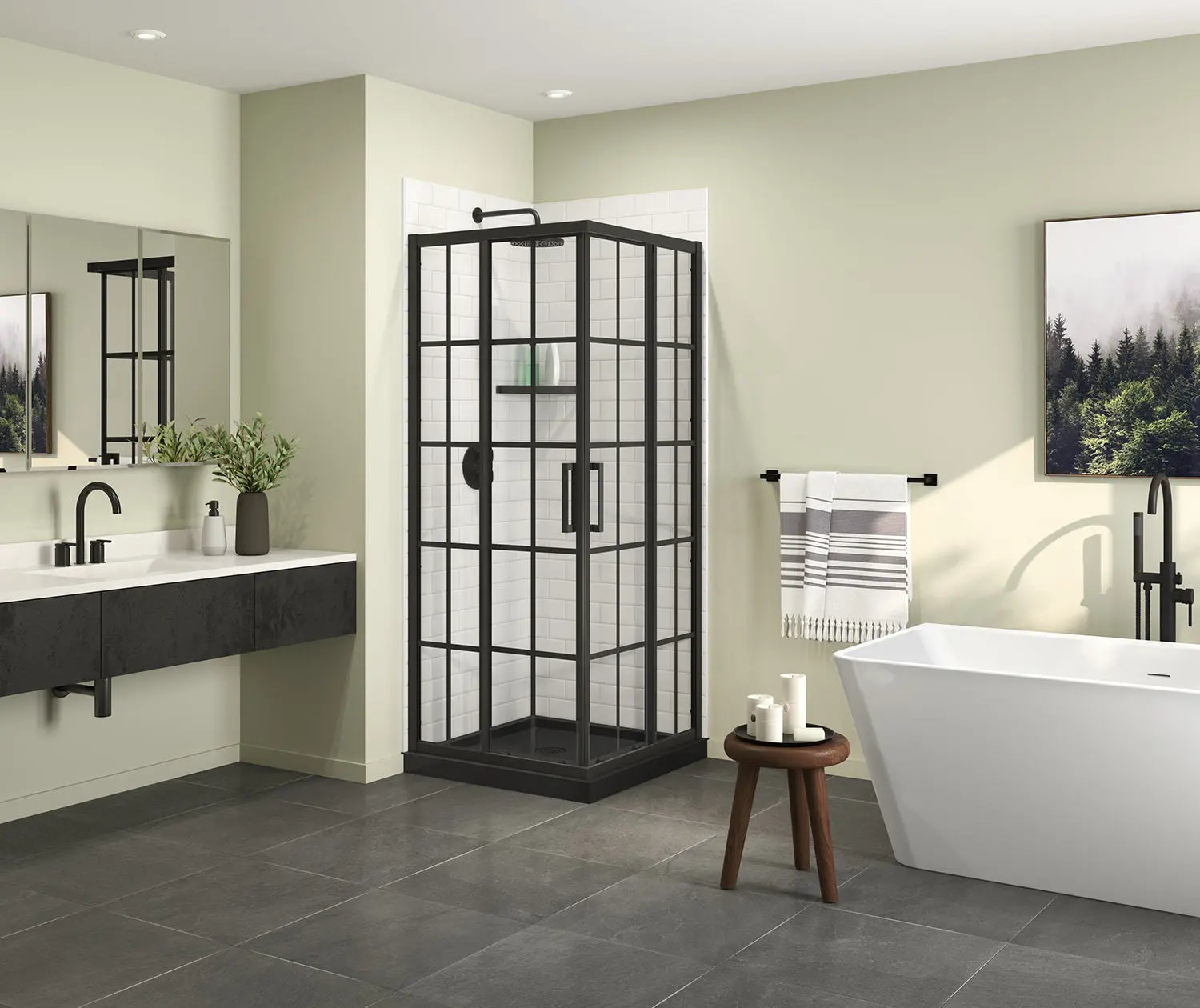 Radia Square 32 x 32 x 71 ½ in. 6 mm Sliding Shower Door for Corner Installation with French Glass in Matte Black - Plumbing Market