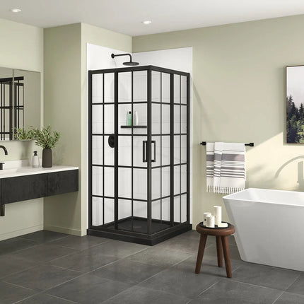 Radia Square 36 x 36 x 71 ½ in. 6 mm Sliding Shower Door for Corner Installation with French glass in Matte Black - Plumbing Market