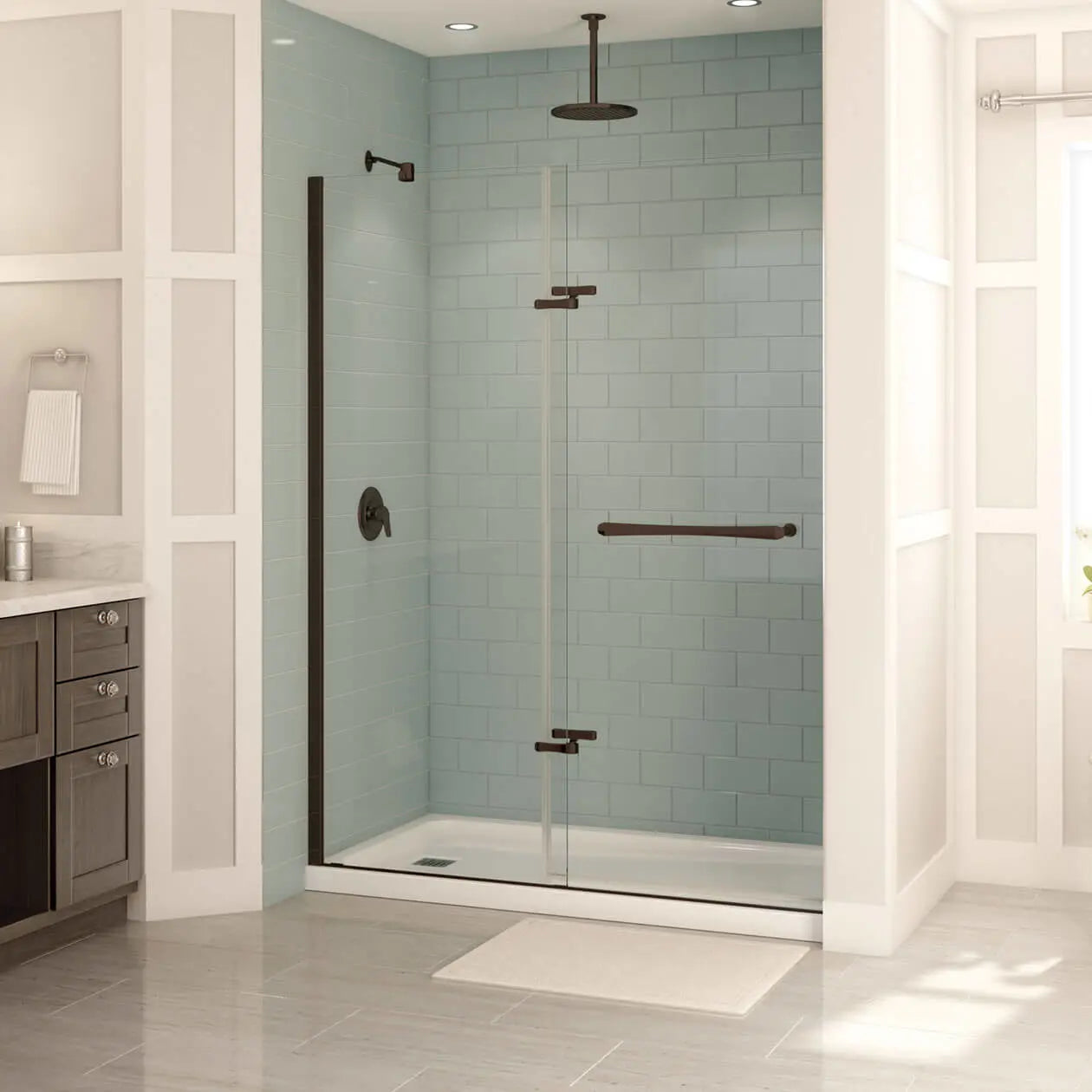Reveal 71 56-59 x 71 ½ in. 8mm Pivot Shower Door for Alcove Installation with Clear glass in Dark Bronze - Plumbing Market
