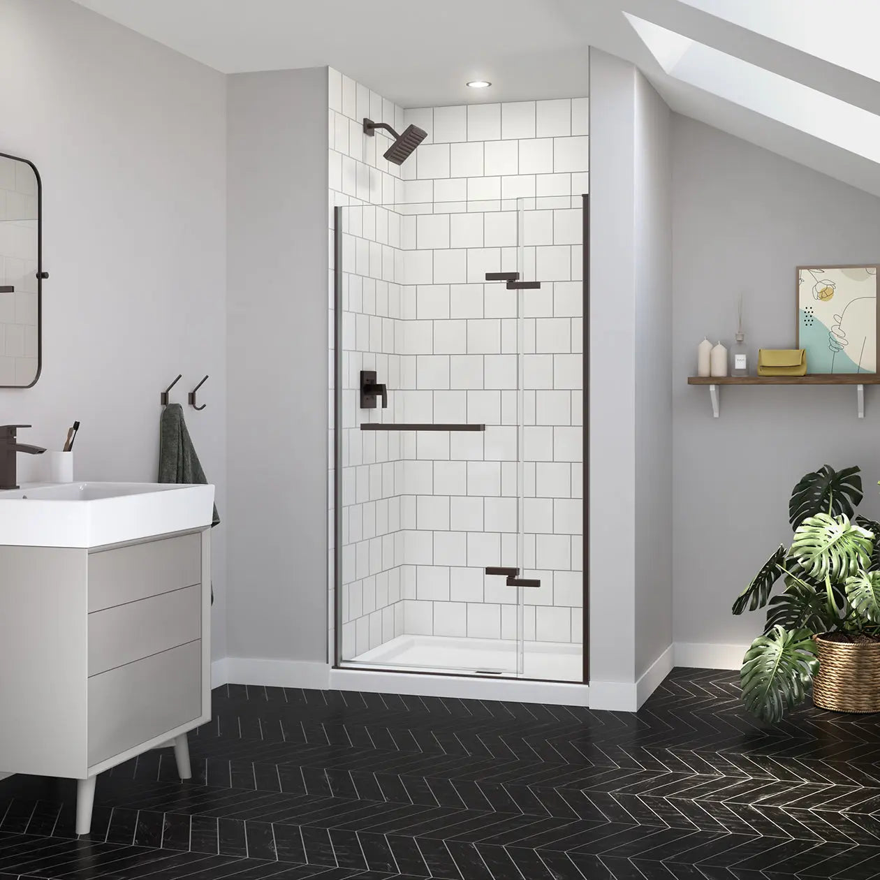 Reveal Sleek 71 38-41 x 71 1/2 in. 8 mm Pivot Shower Door for Alcove Installation with Clear glass in Dark Bronze - Plumbing Market