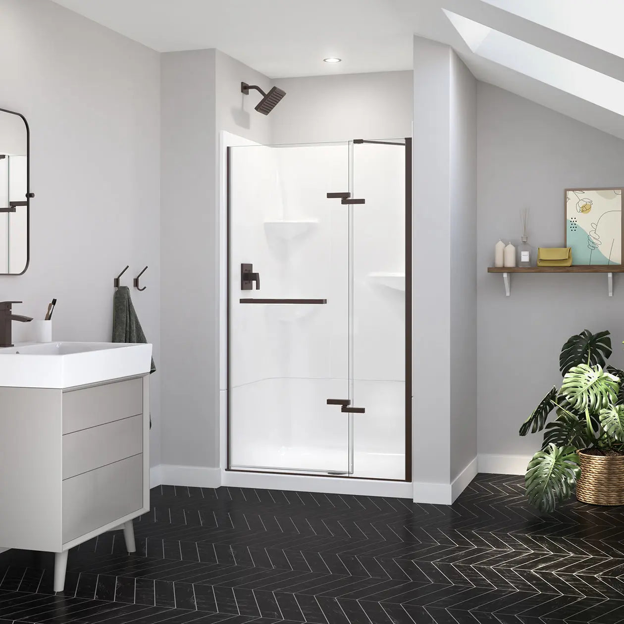 Reveal Sleek 71 41 1/2-44 1/2 x 71 1/2 in. 8 mm Pivot Shower Door for Alcove Installation with Clear glass in Dark Bronze - Plumbing Market