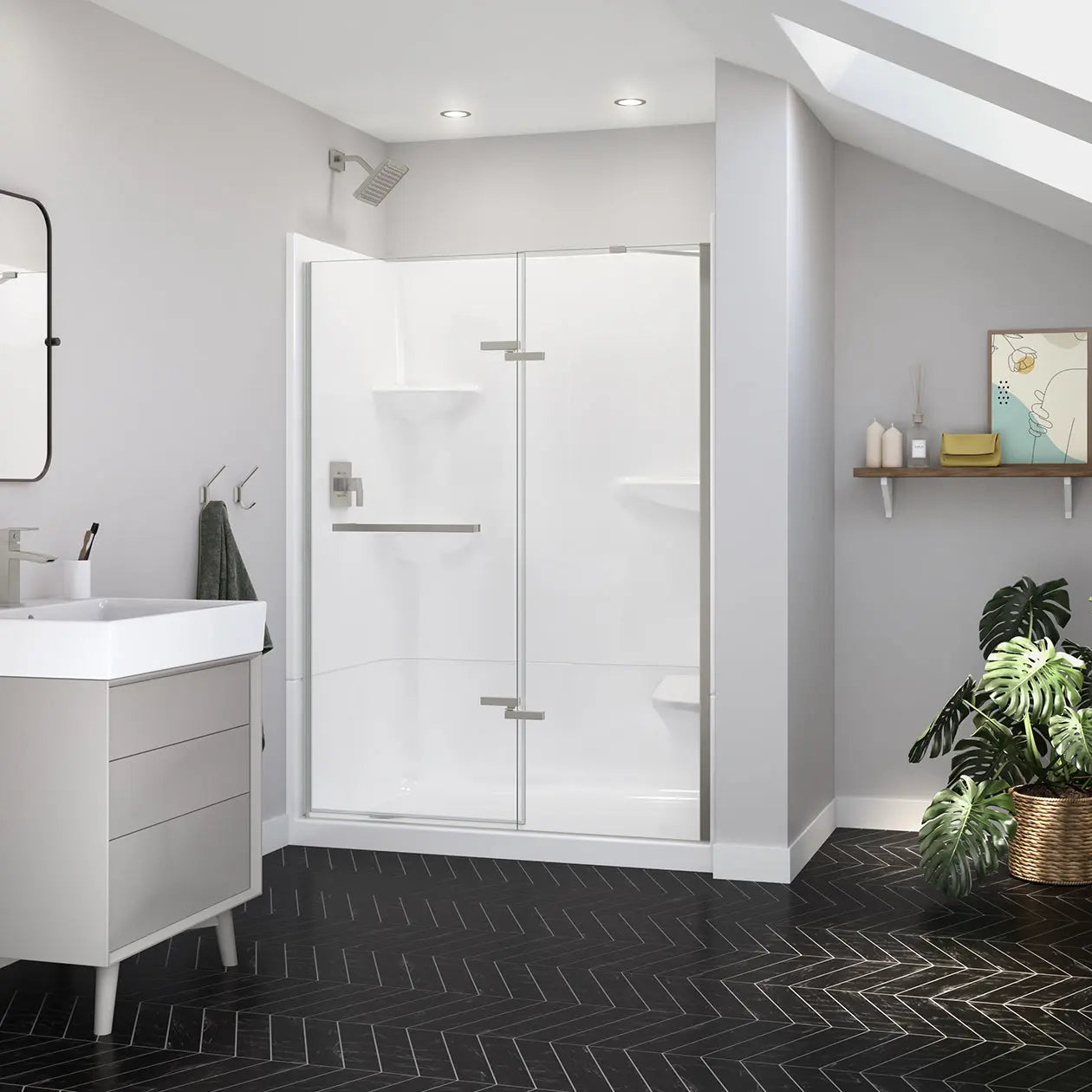 Reveal Sleek 71 51 1/2-54 1/2 x 71 1/2 in. 8mm Pivot Shower Door for Alcove Installation with Clear glass in Brushed Nickel - Plumbing Market
