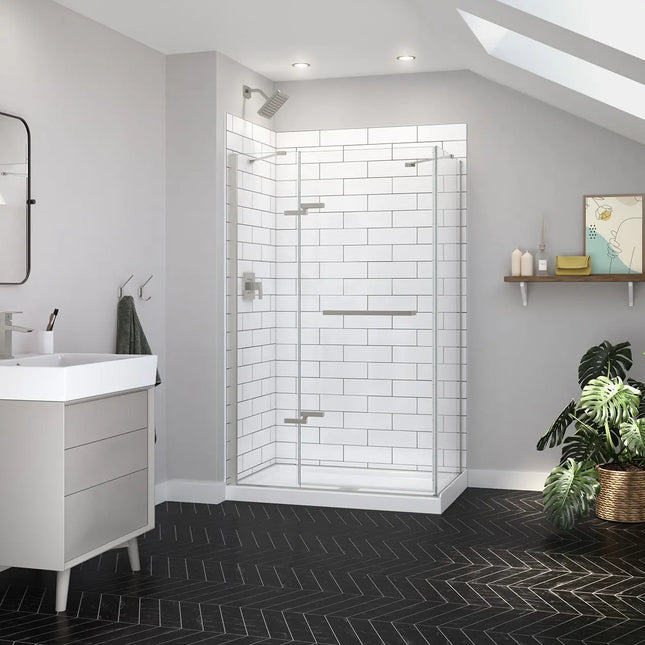 Reveal Sleek 71 Return Panel for 32 in. Base with Clear glass in Brushed Nickel - Plumbing Market