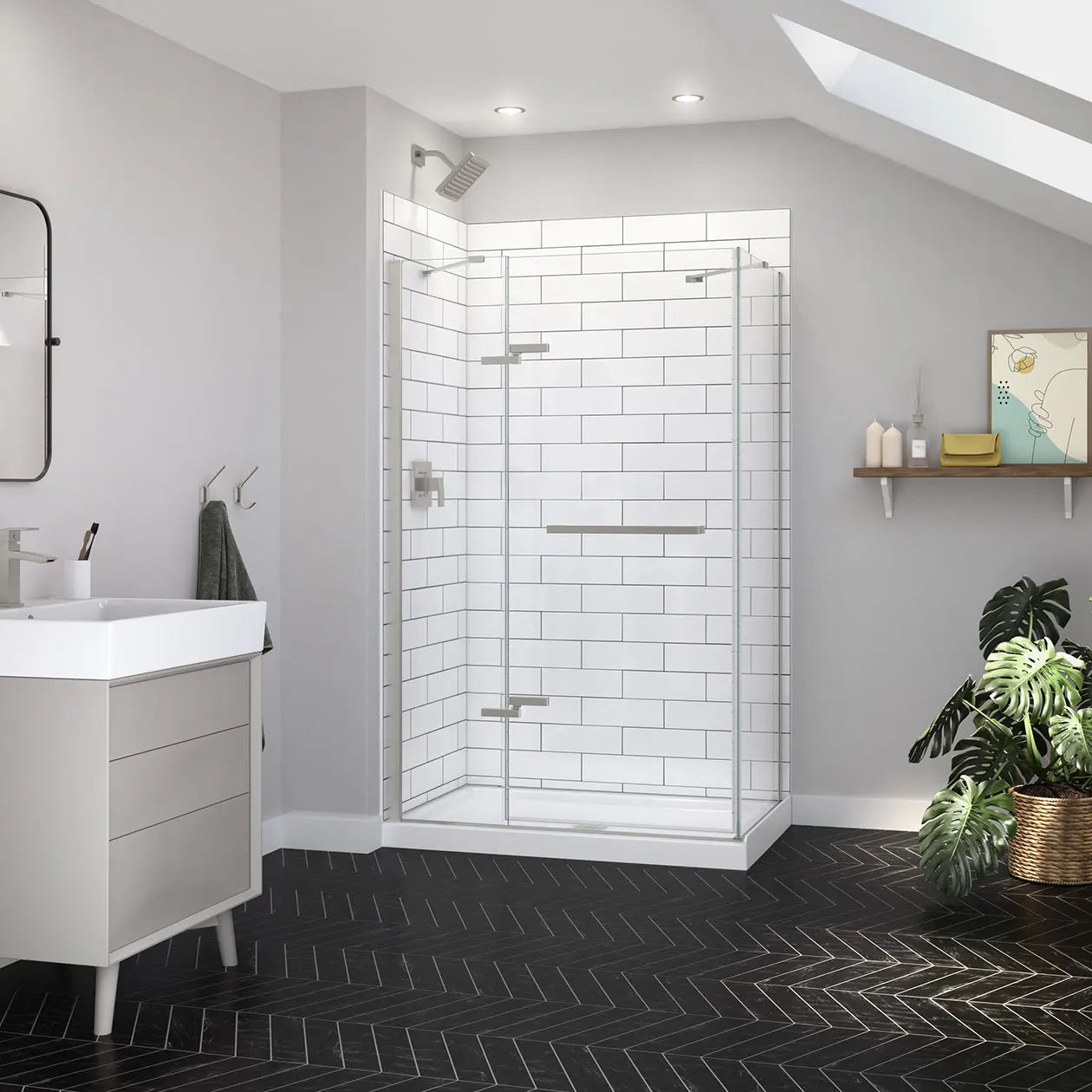 Reveal Sleek 71 Return Panel for 34 in. Base with Clear glass in Brushed Nickel - Plumbing Market