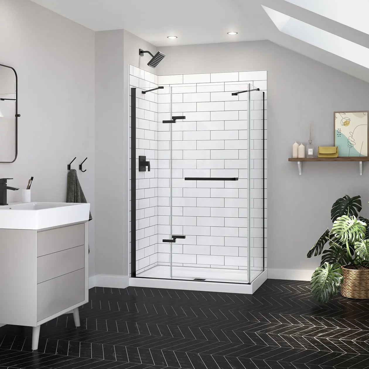 Reveal Sleek 71 Return Panel for 34 in. Base with Clear glass in Matte Black - Plumbing Market