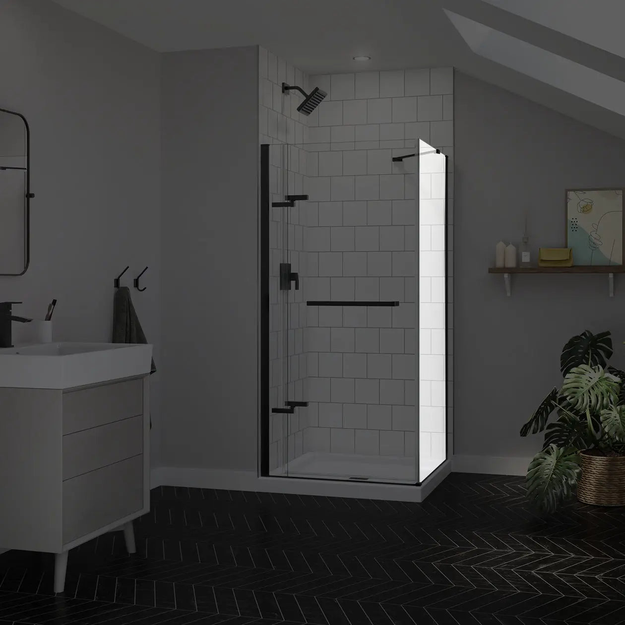 Reveal Sleek 71 Return Panel for 36 in. Base with Clear glass in Matte Black - Plumbing Market