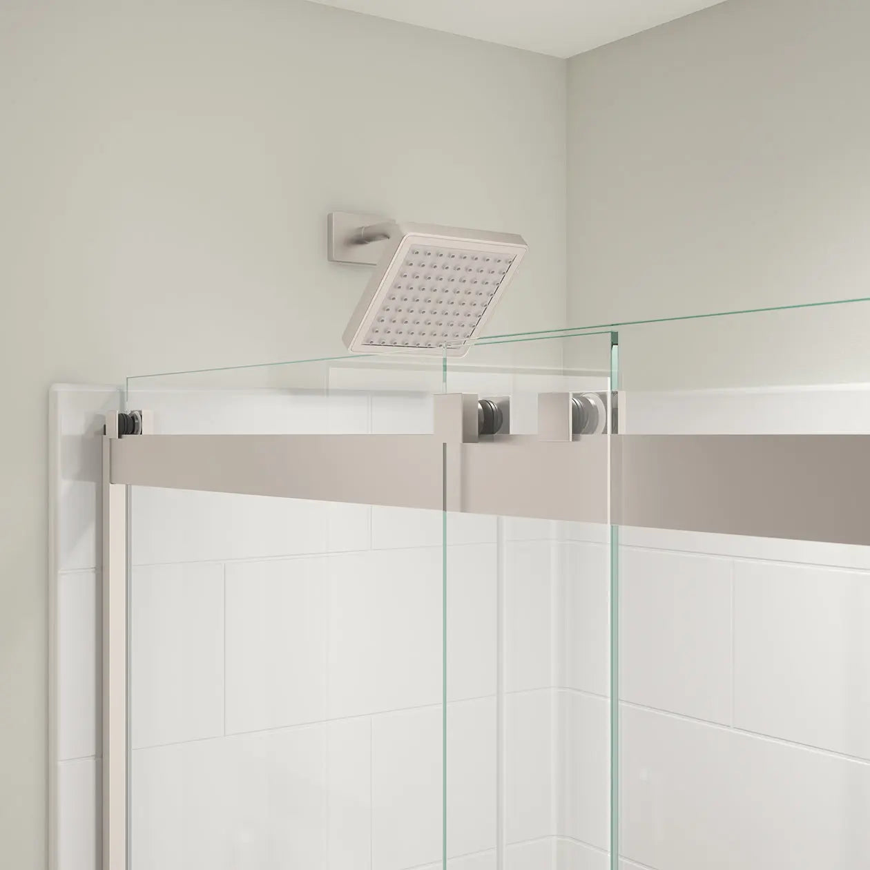 Revelation Square 44-47 x 70 ½-73 in. 8mm Bypass Shower Door for Alcove Installation with Clear glass in Brushed Nickel - Plumbing Market