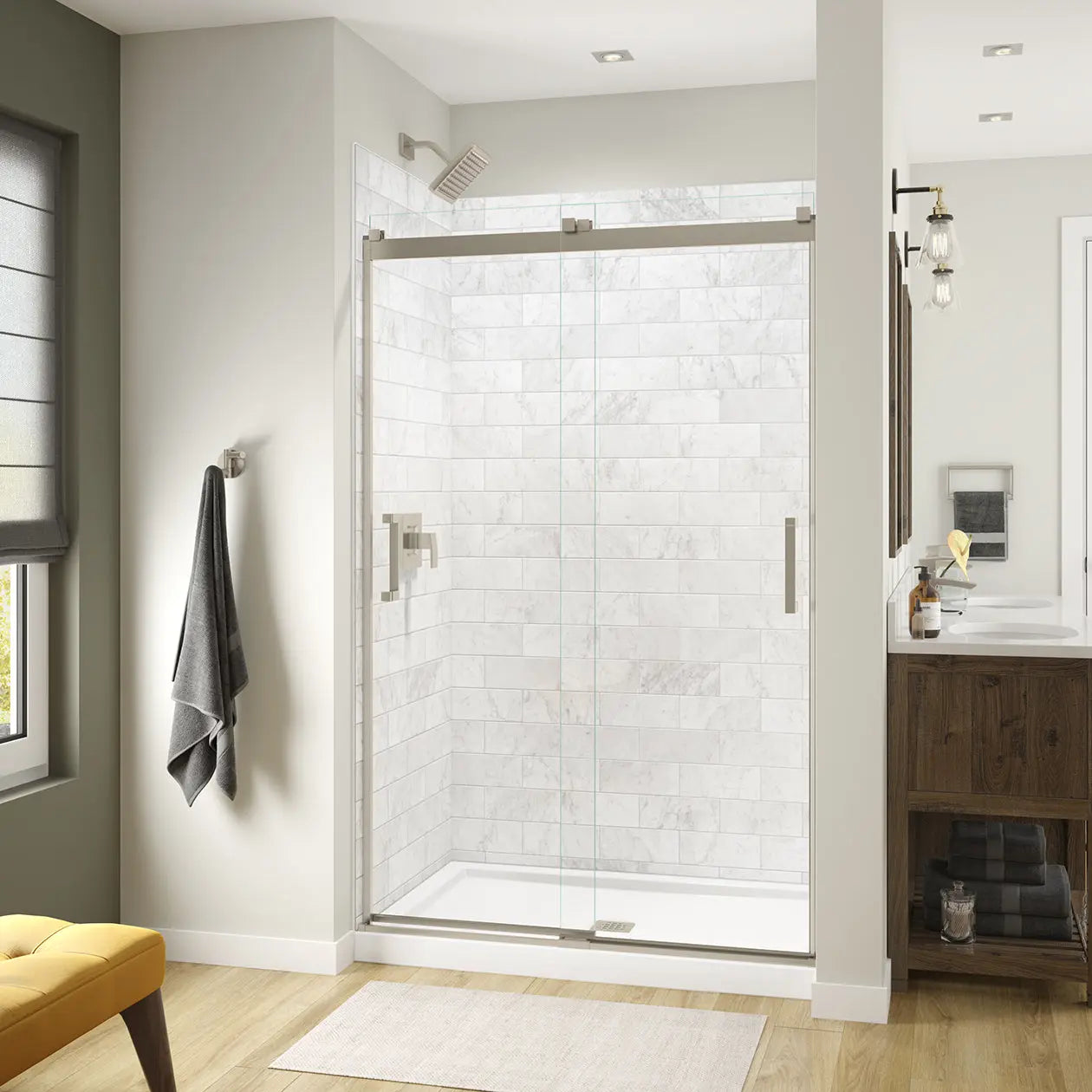 Revelation Square 44-47 x 70 ½-73 in. 8mm Bypass Shower Door for Alcove Installation with Clear glass in Brushed Nickel - Plumbing Market