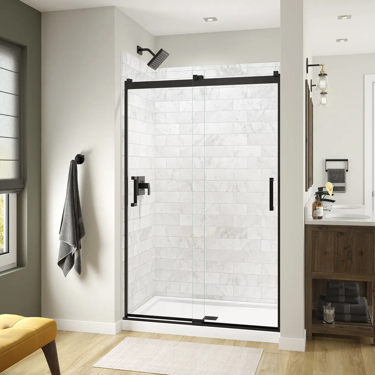 Revelation Square 44-47 x 70 ½-73 in. 8mm Bypass Shower Door for Alcove Installation with Clear glass in Matte Black - Plumbing Market