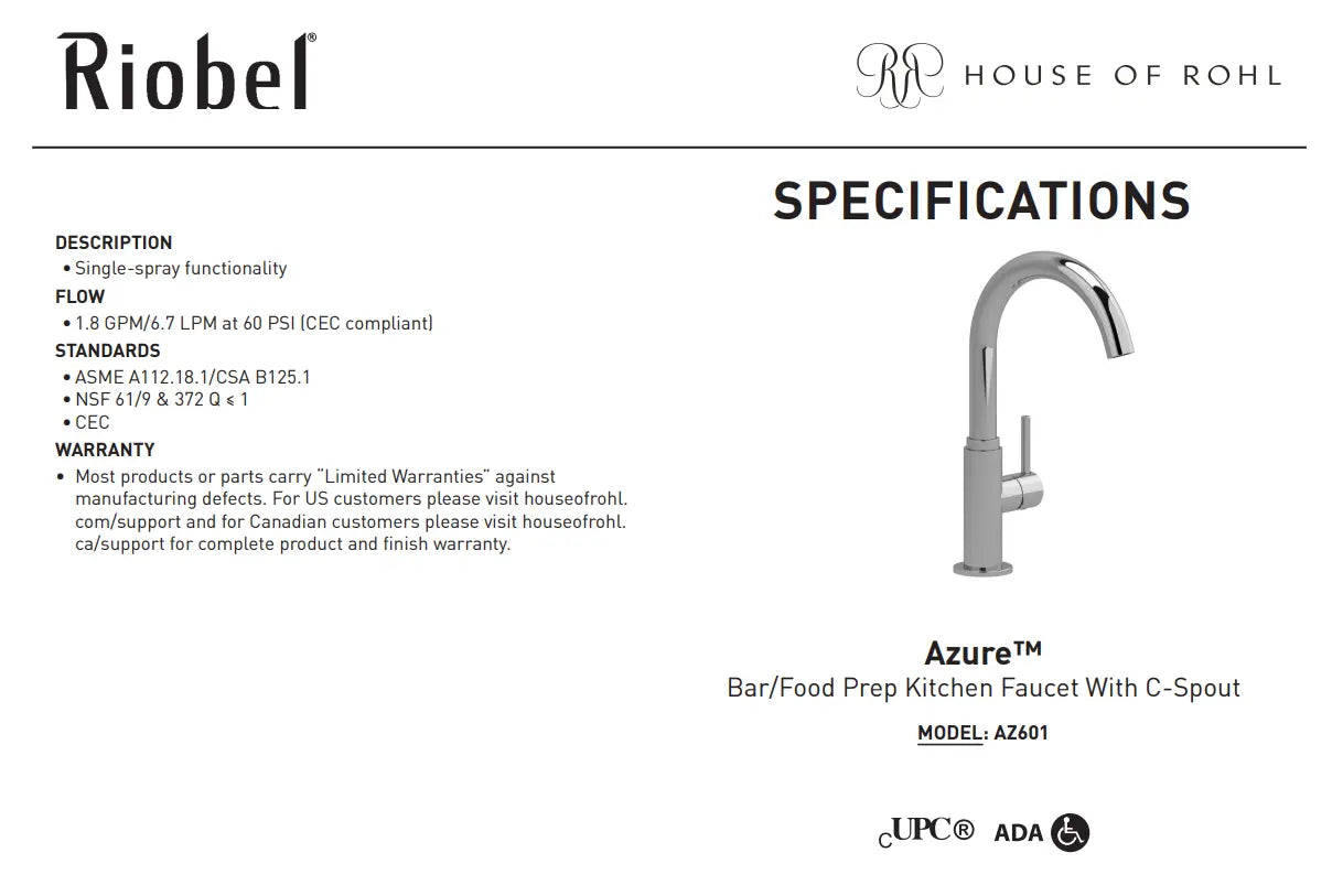 Riobel Azure Bar/Food Prep Kitchen Faucet With C-Spout - Plumbing Market