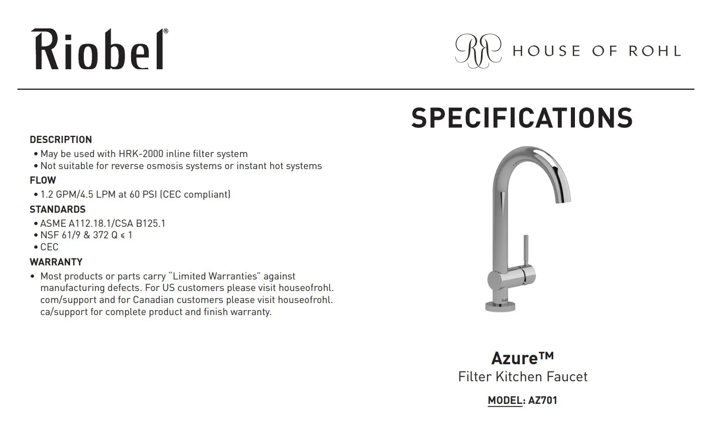 Riobel Azure Filter Kitchen Beverage Faucet AZ701 - Plumbing Market