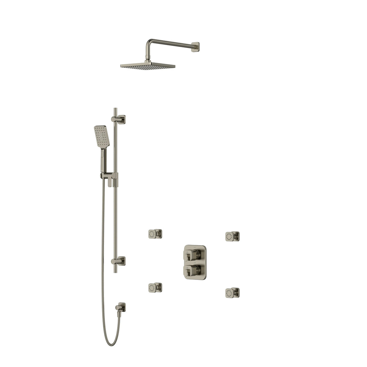 Riobel Equinox 3/4" Thermostatic & Pressure Balance Shower with Rain Head, Hand Shower & Body Spray - Brushed Nickel (KIT446EQNBN)