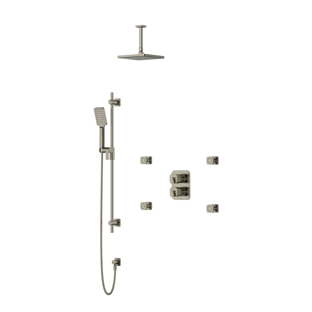 Riobel Equinox 3/4" Thermostatic & Pressure Balance Shower with Rain Head, Hand Shower & Body Spray - Brushed Nickel (KIT446EQNBN-6)