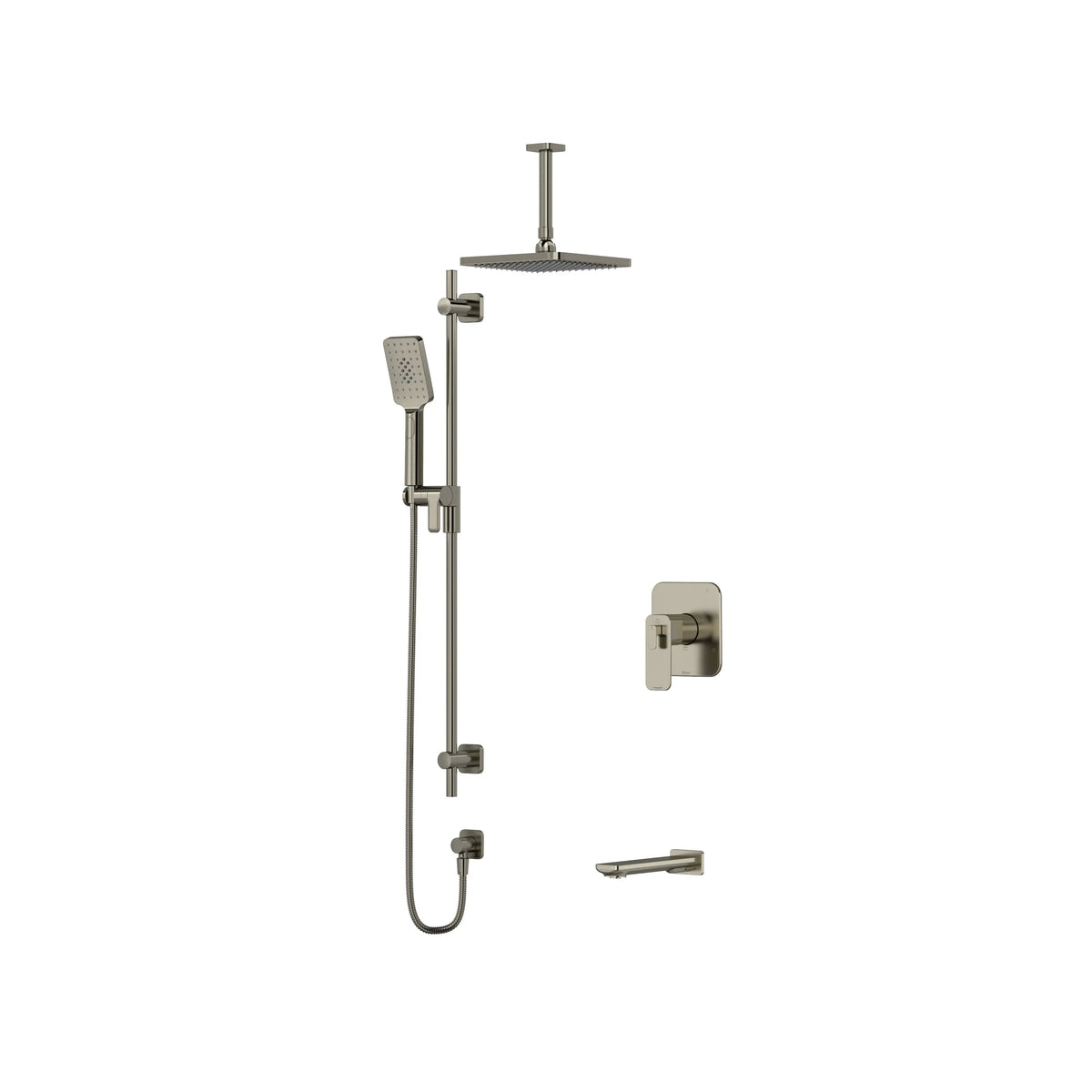 Riobel Equinox Thermostatic & Pressure Balance Shower Trim Kit with Rain Head, Hand Shower & Tub Spout - Brushed Nickel (TKIT1345EQNBN-6)