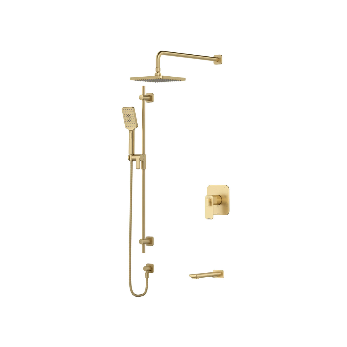 Riobel Equinox Thermostatic & Pressure Balance Shower Trim Kit with Rain Head, Hand Shower & Tub Spout - Satin Brass US4 (TKIT1345EQNUS4)