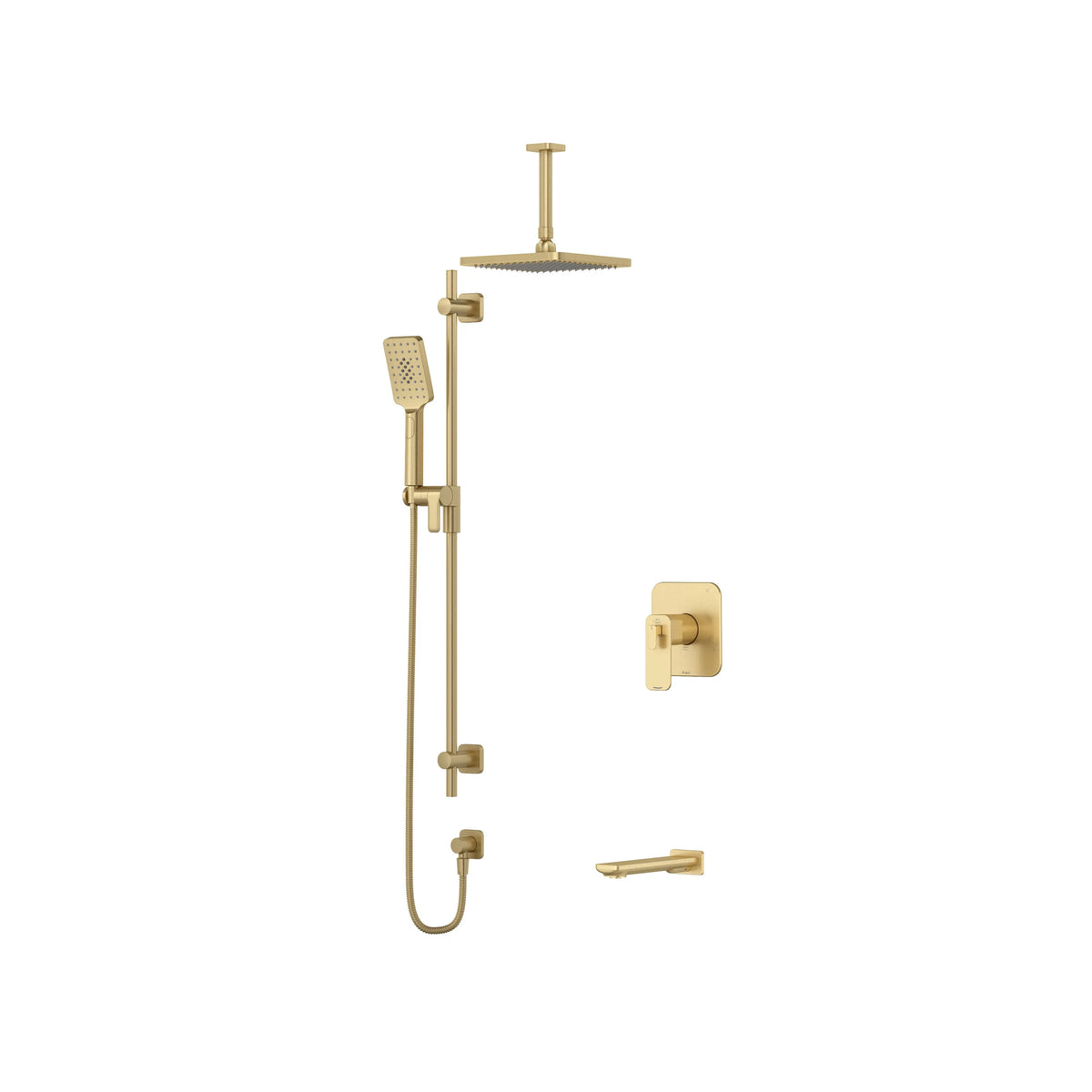 Riobel Equinox Thermostatic & Pressure Balance Shower Trim Kit with Rain Head, Hand Shower & Tub Spout - Satin Brass US4 (TKIT1345EQNUS4-6)