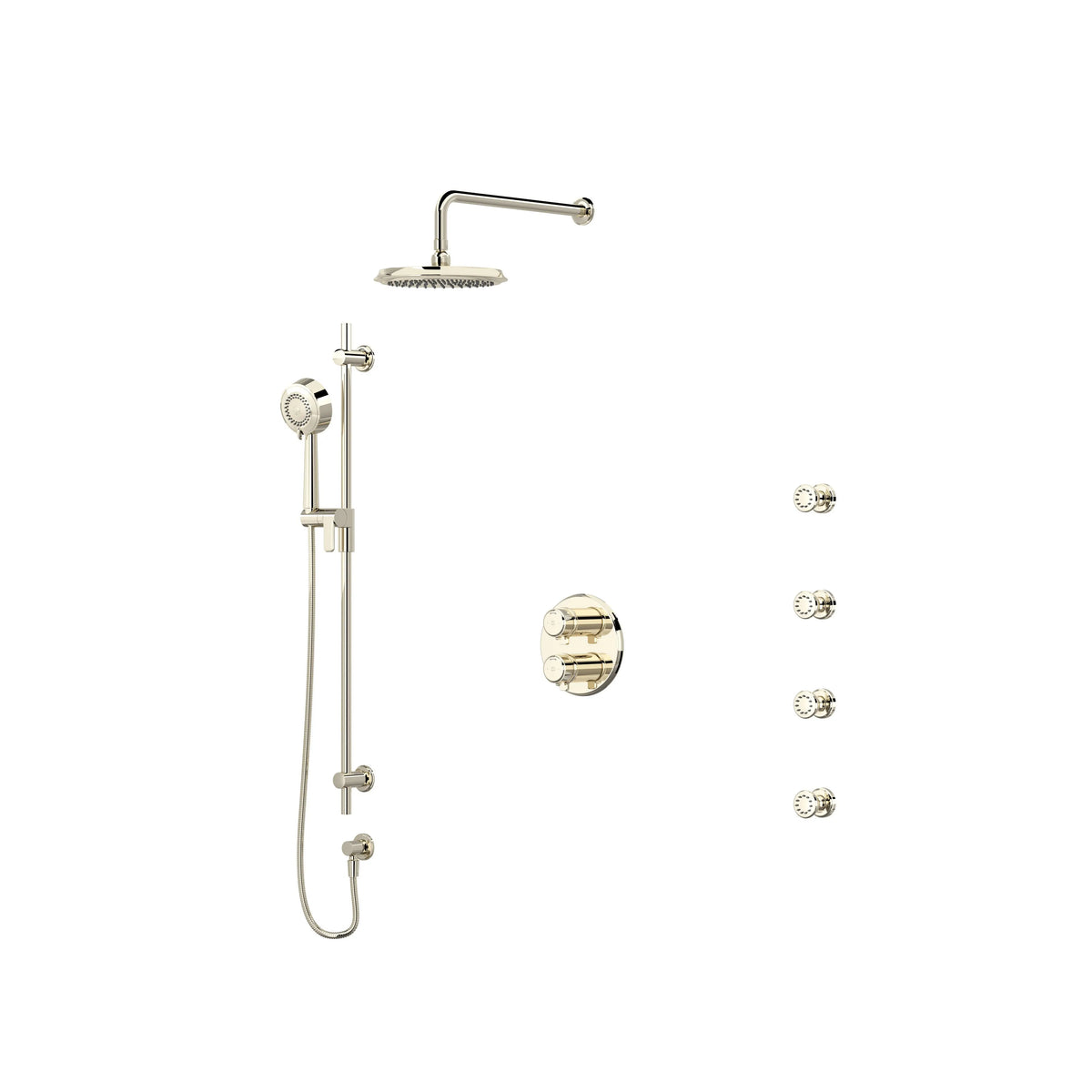 Riobel Momenti 3/4" Thermostatic & Pressure Balance Shower with Showerhead, Hand Shower Rail & Body Jet - Polished Nickel (KIT446MMRDJPN-CW)