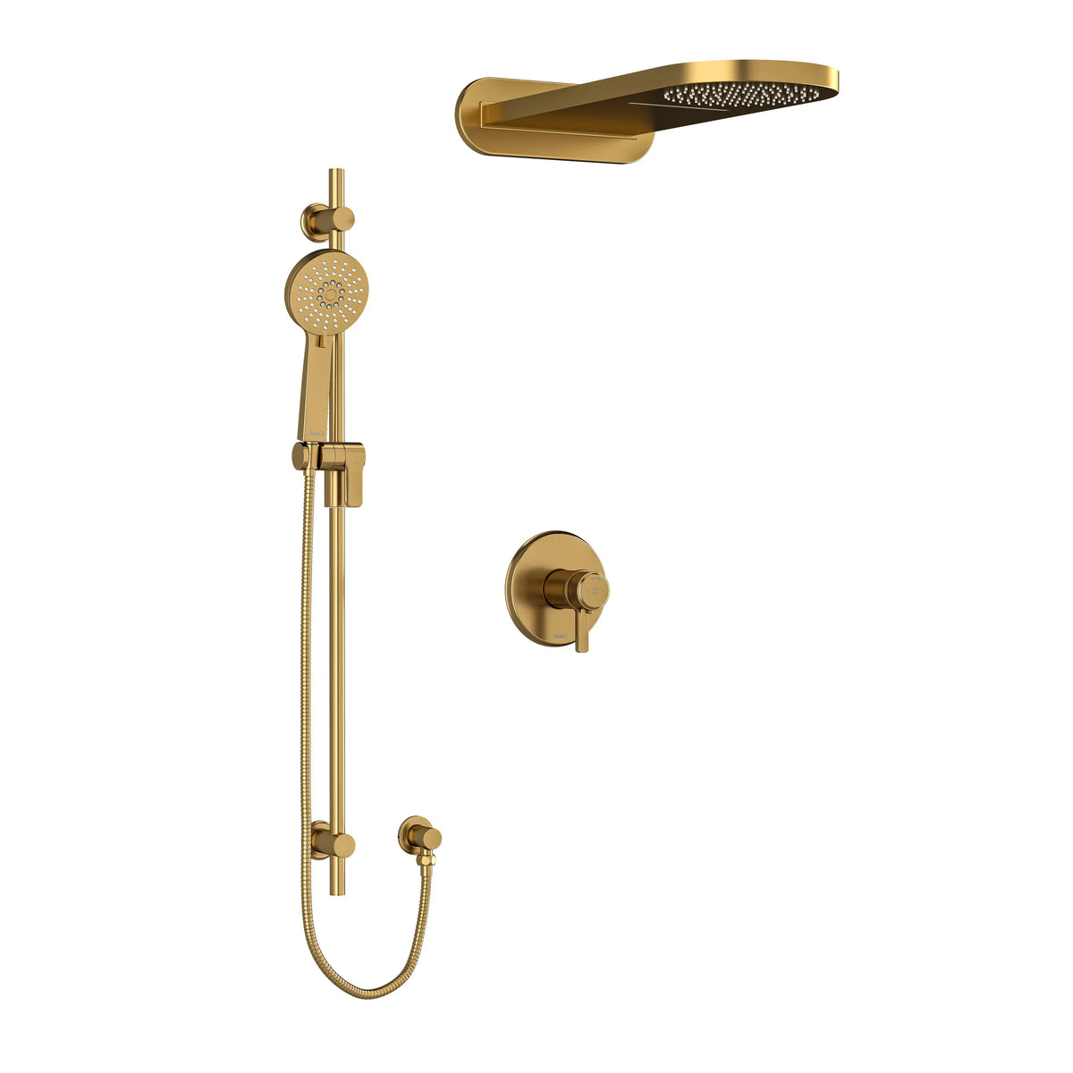 Riobel Momenti Thermostatic/Pressure Balance 3-Way Shower with Rain & Cascade Head and Hand Shower Rail - Brushed Gold (KIT2745MMRDJBG)