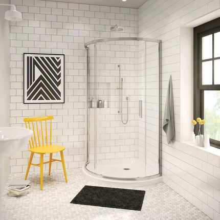 Round Base 36 3 in. 36 x 36 Acrylic Corner Left or Right Shower Base with Corner Drain in White - Plumbing Market