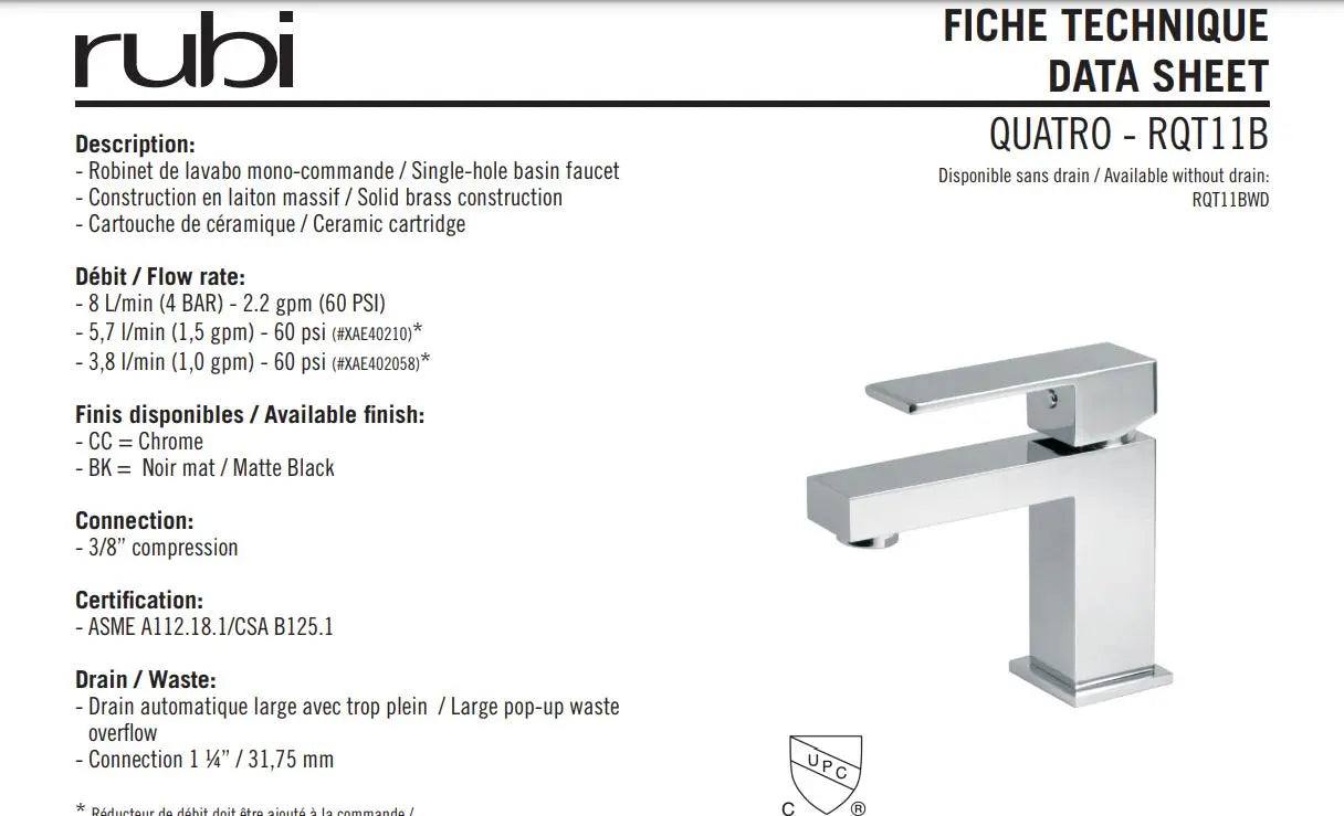 Rubi Quatrio Single Hole Bathroom Sink Faucet With Pop Up Drain - Plumbing Market
