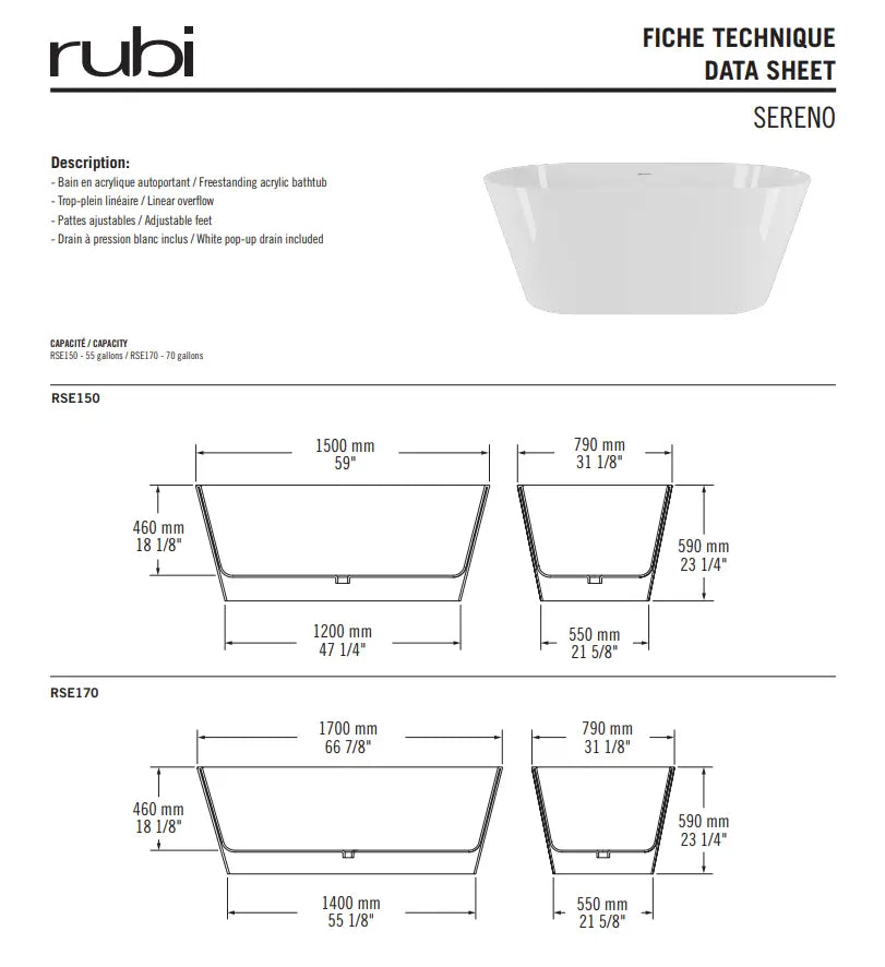 Rubi Sereno Freestanding 59" x 31 1/8" Bathtub In White - Plumbing Market