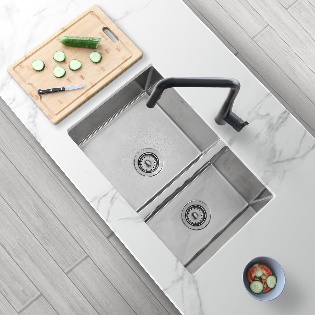 Stylish Sevilla 28" Undermount Double Bowl Kitchen Sink 18 Gauge Stainless Steel with Standard Strainers Set of Three S-403-3