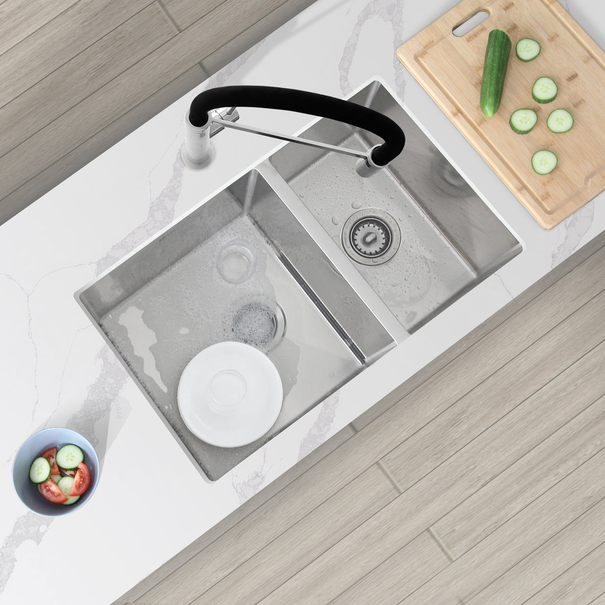 Stylish Sevilla 28" Undermount Double Bowl Kitchen Sink 18 Gauge Stainless Steel with Standard Strainers Set of Three S-403-3