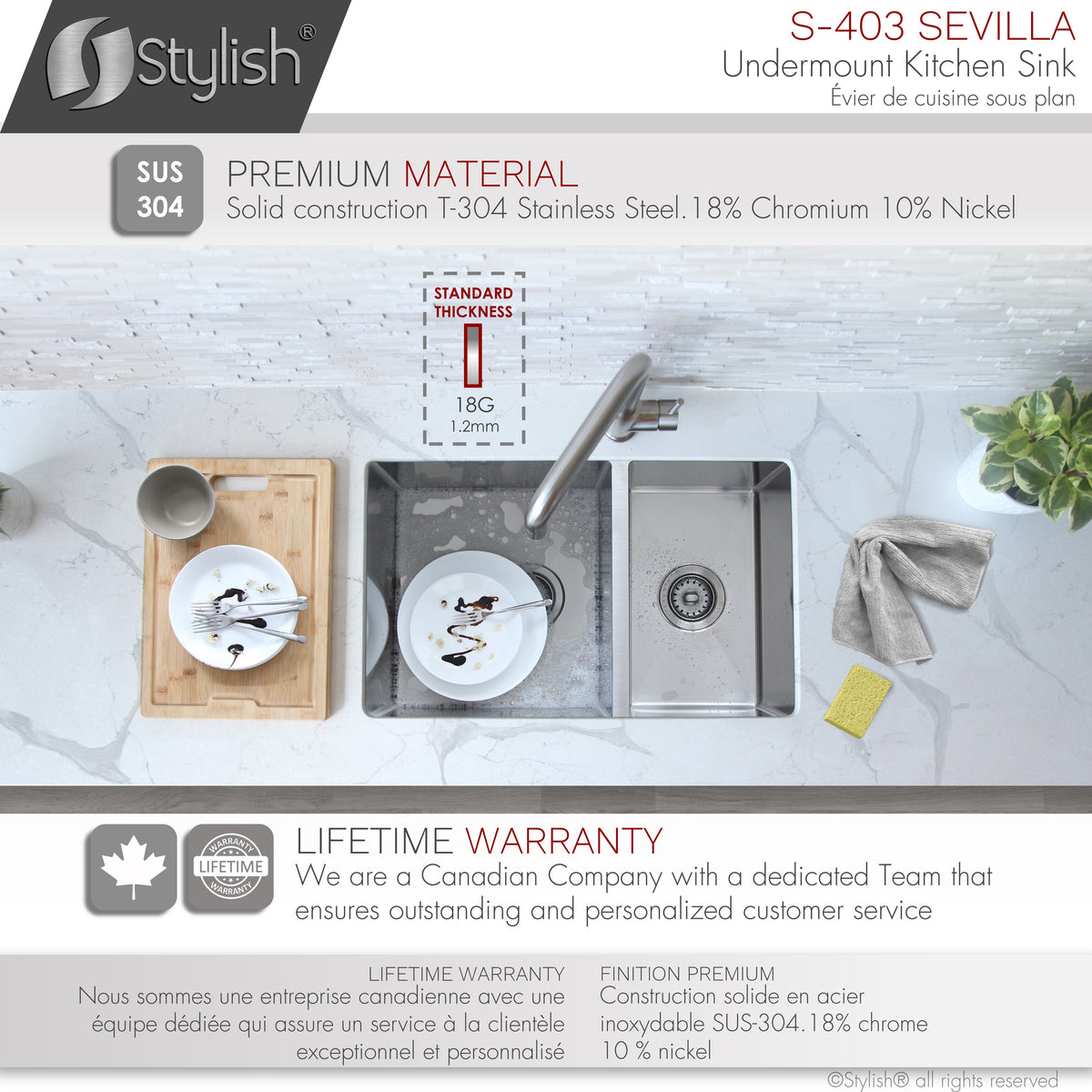 Stylish Sevilla 28" Undermount Double Bowl Kitchen Sink 18 Gauge Stainless Steel with Standard Strainers Set of Three S-403-3